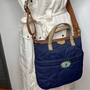 Fossil Key-Per Quilted Frabric Crossbody With Leather Trim and Handles